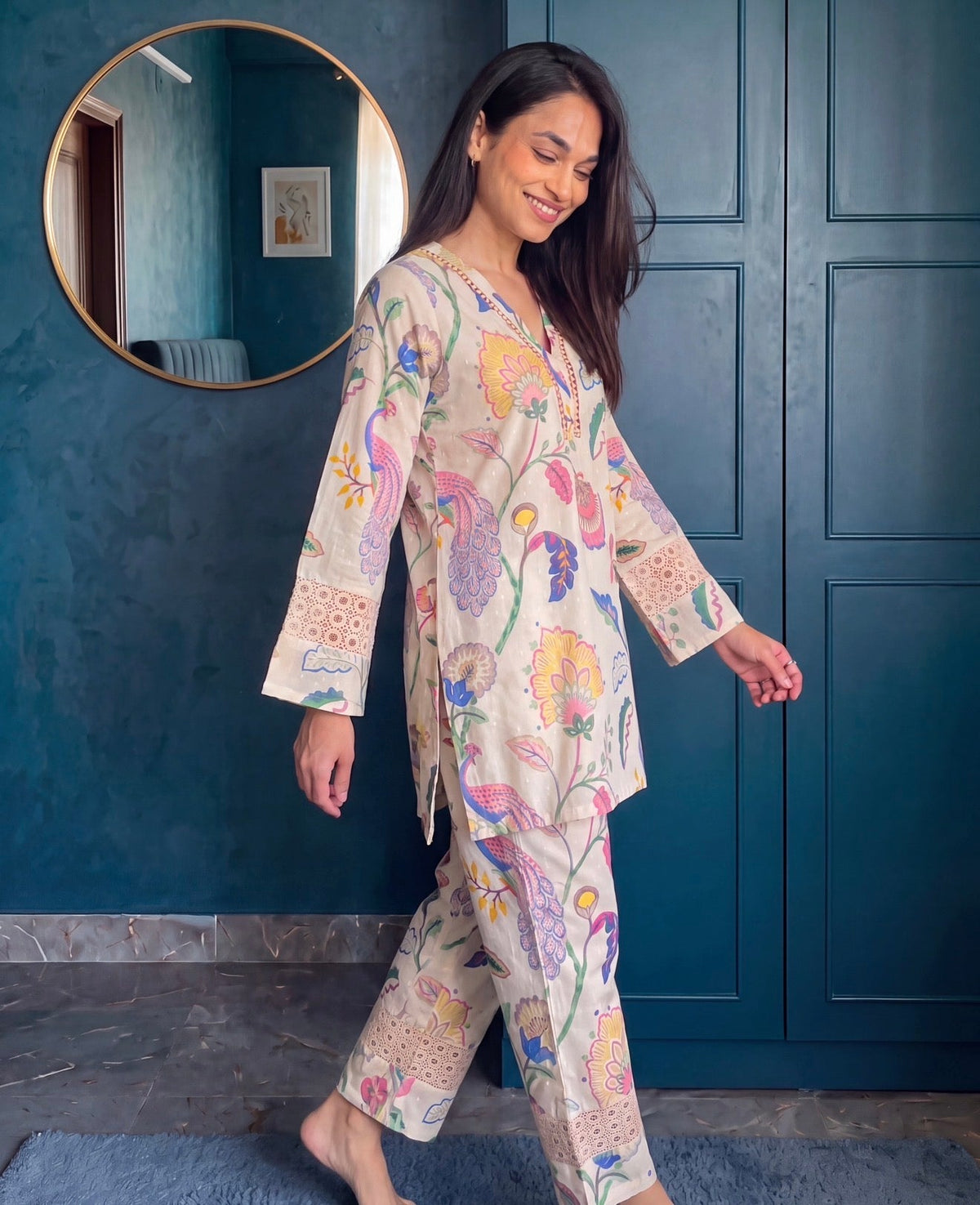 Serene Floral Lace Cotton Kurta Set