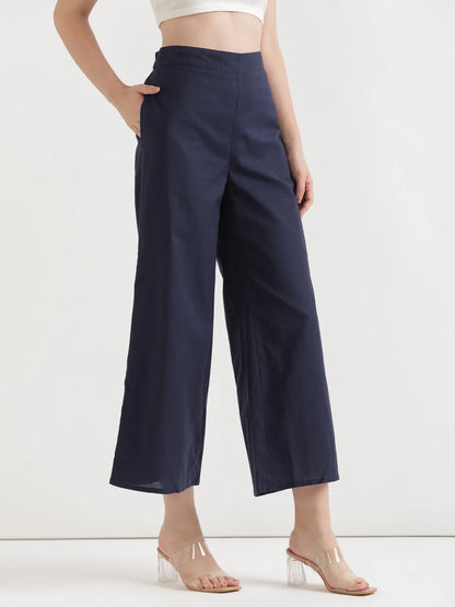 Navy Blue Linen Wide Leg Pants