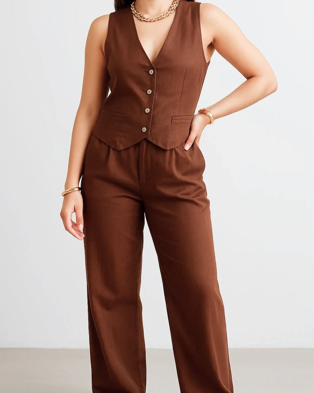 Thea Linen Vest Coat & Trouser Set - Terra