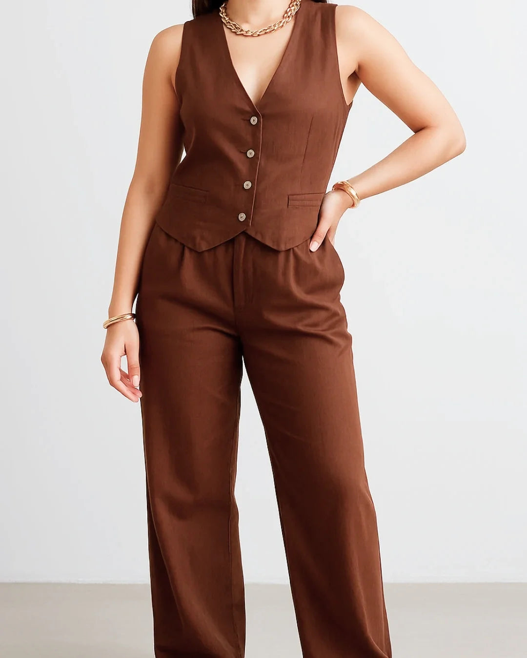 Thea Linen Vest Coat & Trouser Set - Terra