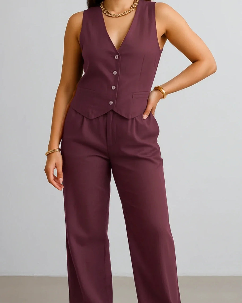 Thea Linen Vest Coat & Trouser Set - Sangria