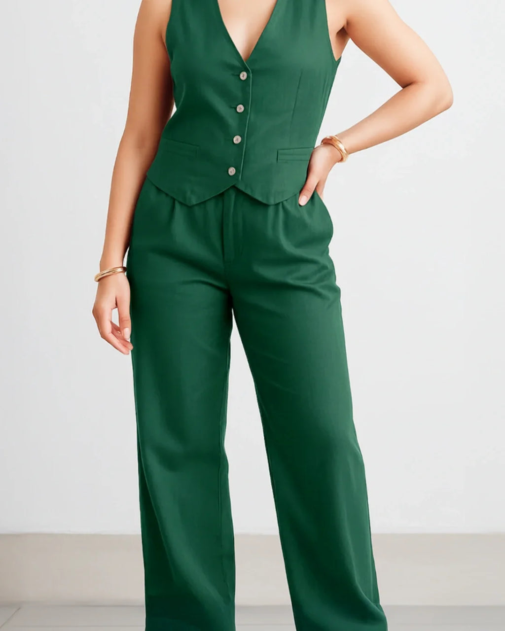Thea Linen Vest Coat & Trouser Set - Moss