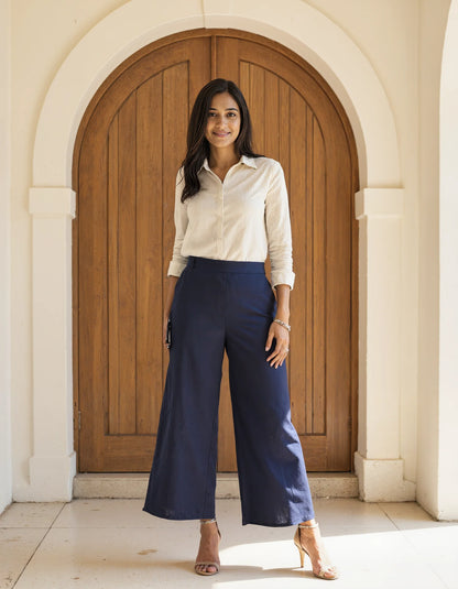 Navy Blue Linen Wide Leg Pants