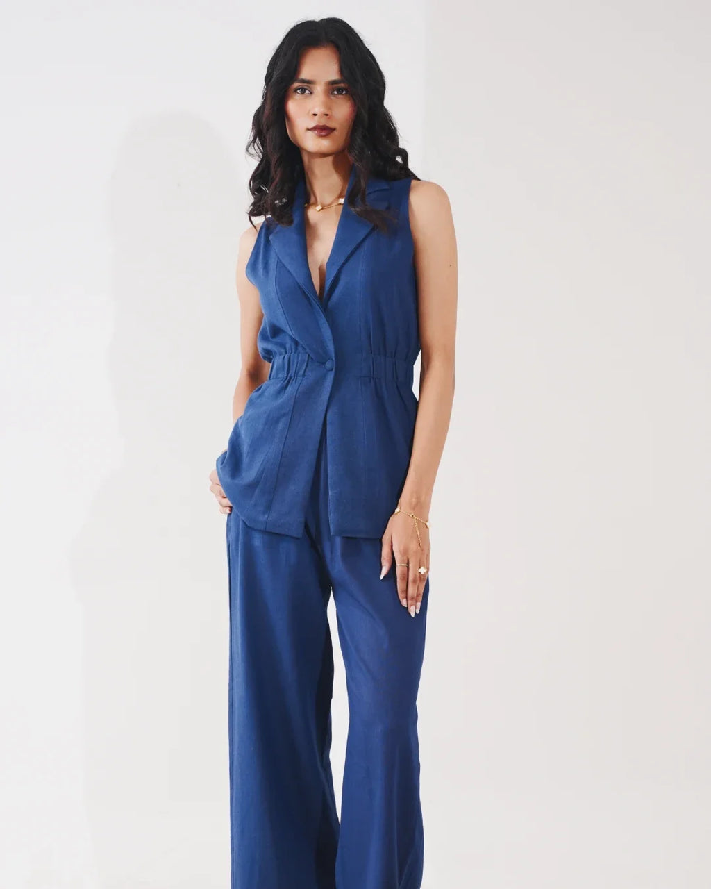 Kaia Linen Cinched Blazer Set - Twilight