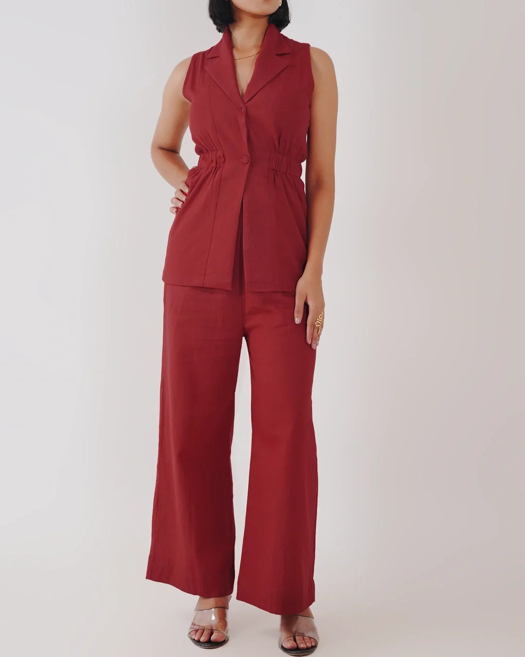 Kaia Linen Cinched Blazer Set - Garnet