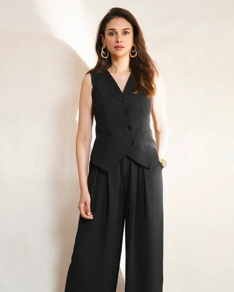 Aditi Hydari Muse Black Cotton Vest Coat & Pant Set