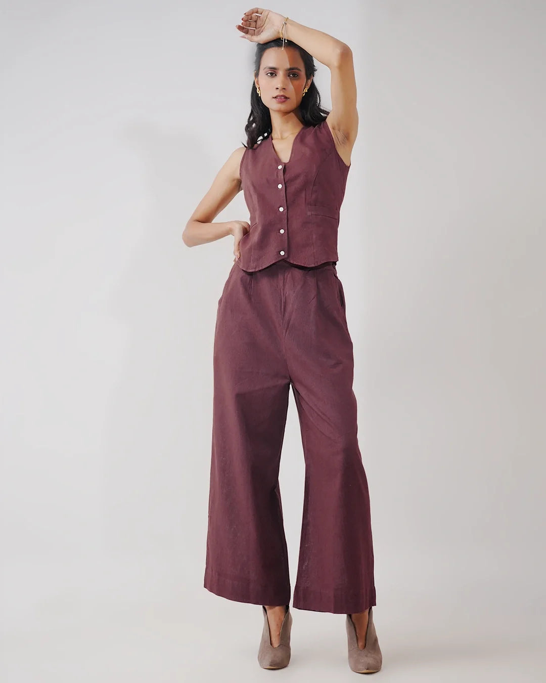 Thea Linen Vest Coat & Trouser Set - Sangria