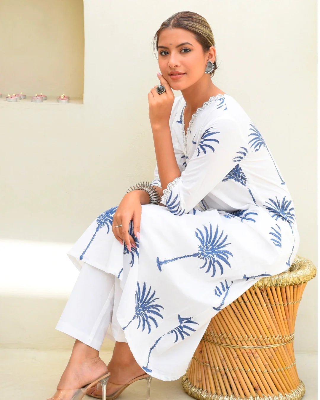 Blue Palm Hand Block Printed Kurta Set