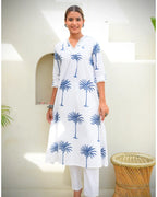 Blue Palm Hand Block Printed Kurta Set