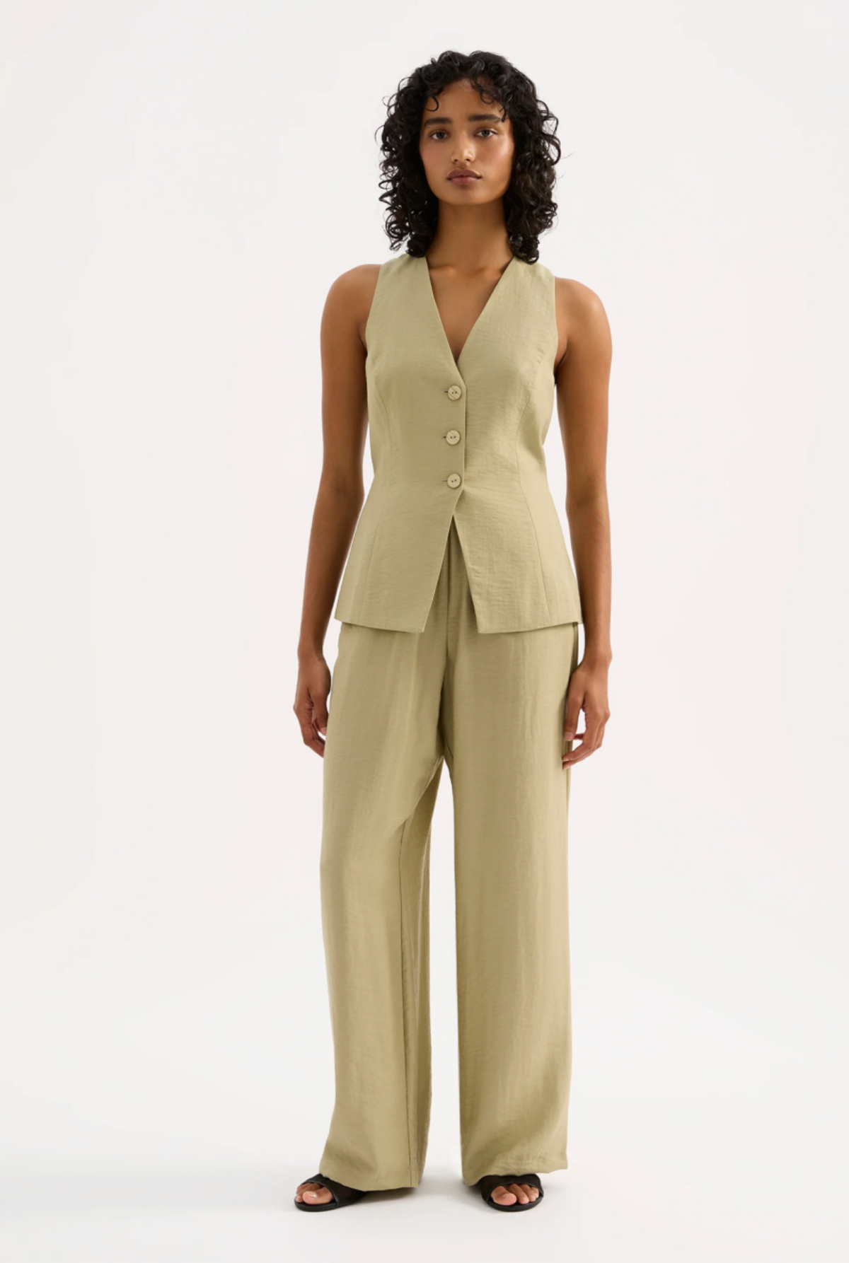Soho Linen Button-Front Vest & Pant Set - Willow