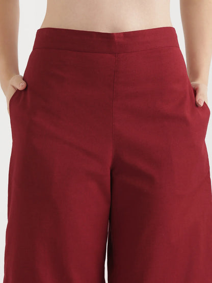 Maroon Linen Wide Leg Pants