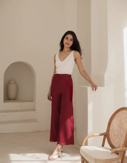 Maroon Linen Wide Leg Pants