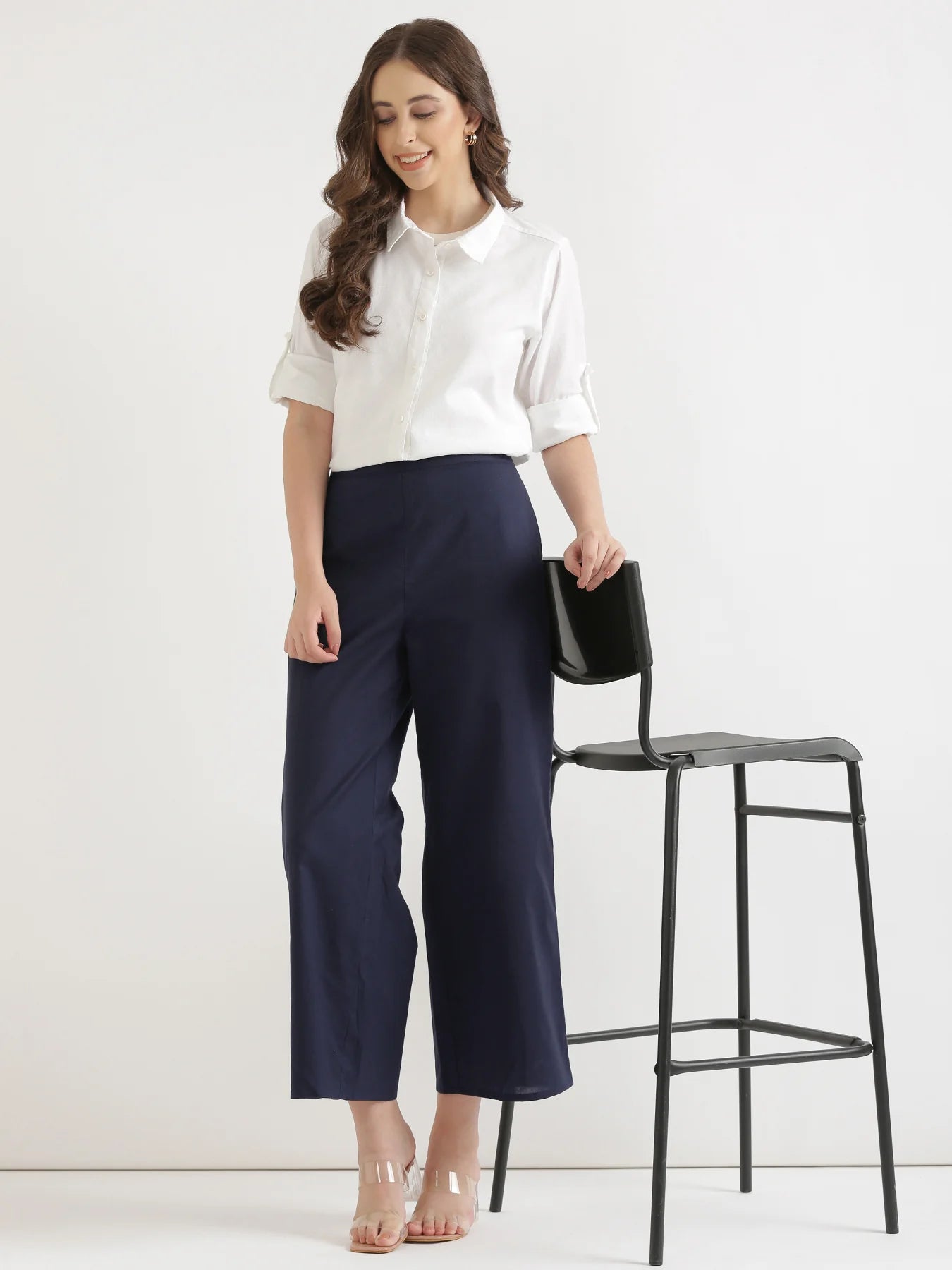 Navy Blue Linen Wide Leg Pants