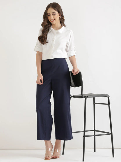 Navy Blue Linen Wide Leg Pants